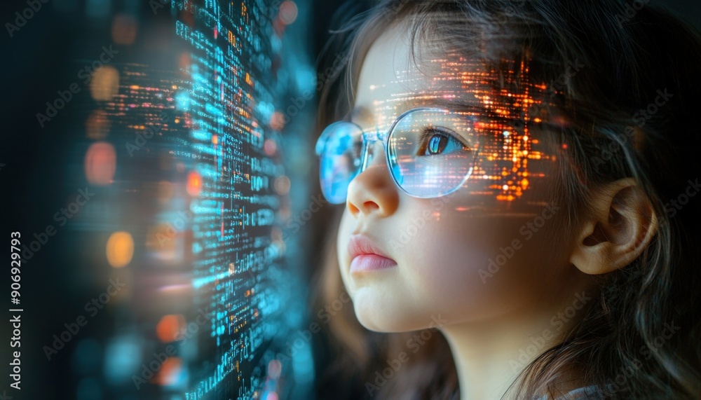 A young girl sporting advanced futuristic glasses is intently gazing at a computer screen A young girl sporting advanced futuristic glasses is intently gazing at a computer screen