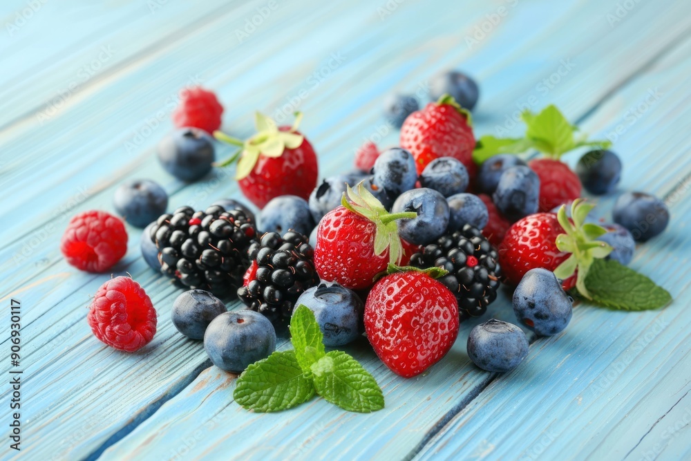 Different fresh ripe berries on light blue wooden table, closeup Different fresh ripe berries on light blue wooden table, closeup