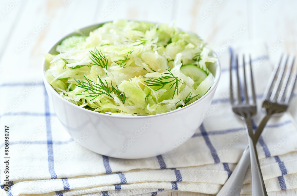 Bowl of homemade salad of cabbage,cucumber and dill on a white wooden table, selective focus. Bowl of homemade salad of cabbage,cucumber and dill on a white wooden table, selective focus.