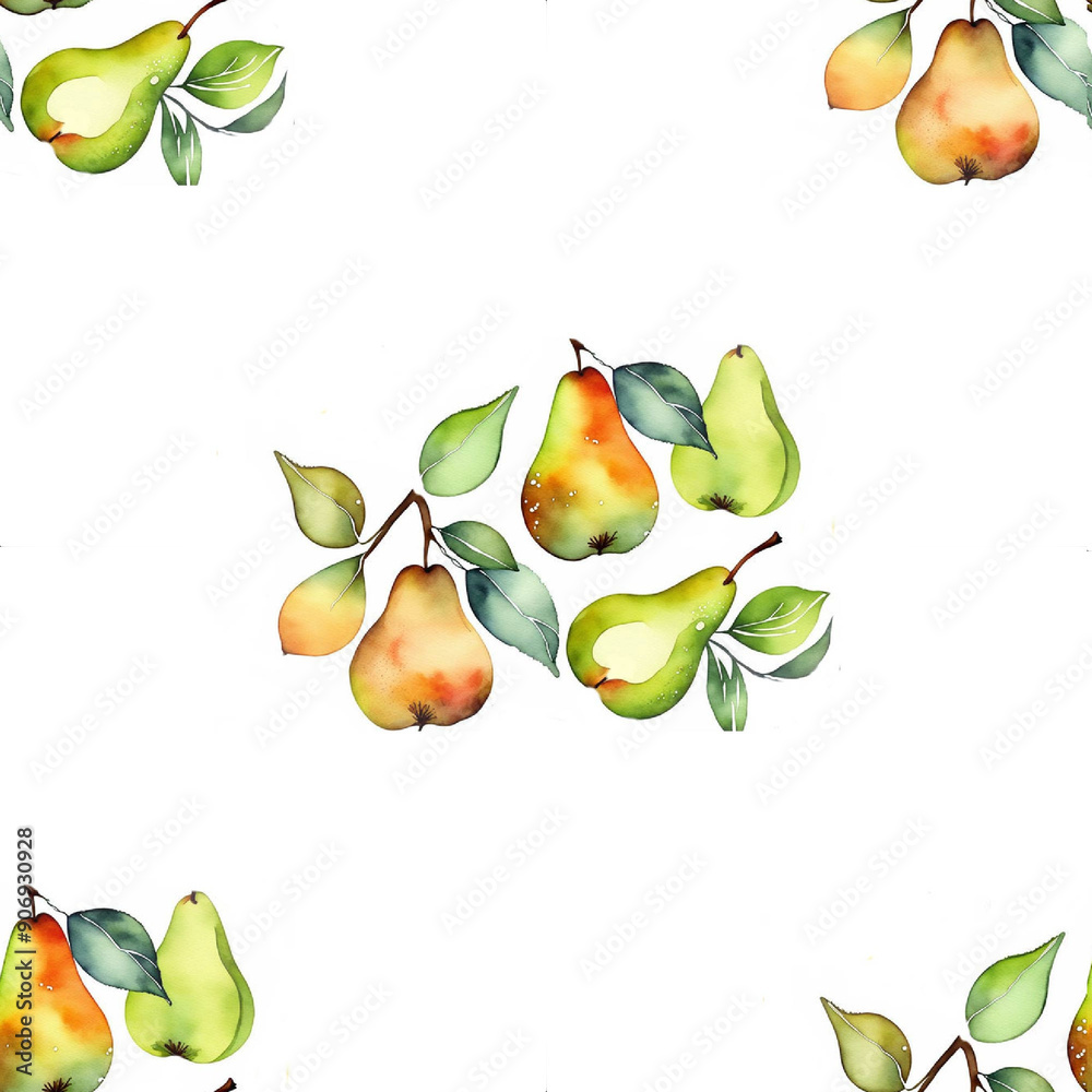 Pear watercolor drawing pattern seamless background on white
