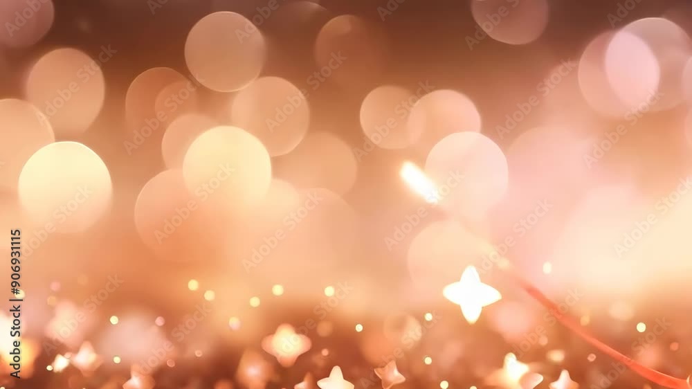 Abstract motion background with peach, pink and gold bokeh sparkles lights. Golden blurred shiny glitter texture. Video animation screensaver. Wallpaper for Christmas, New Year. Mocha mousse color