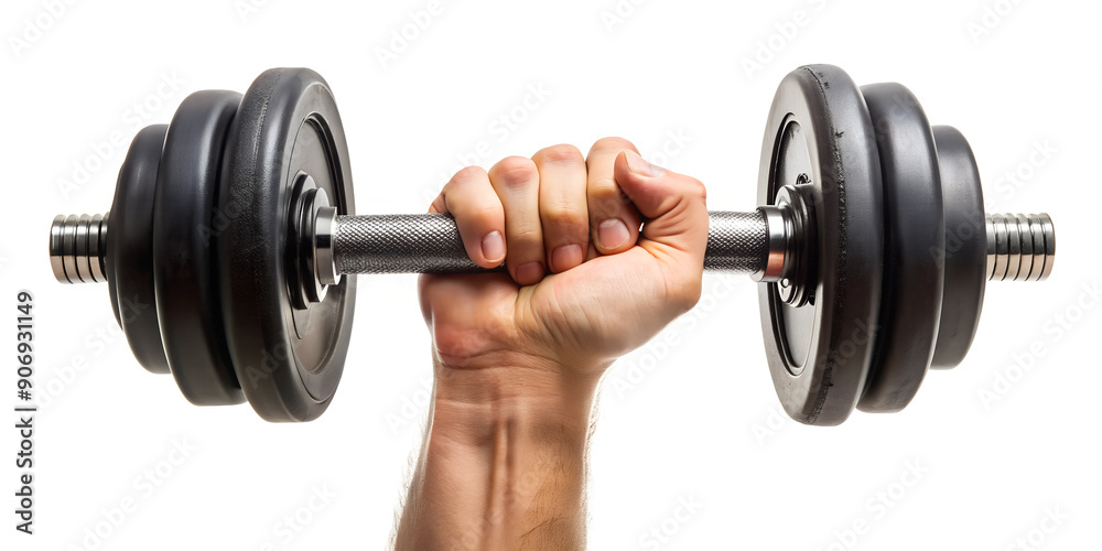 Hand with a dumbbell on a white background.
Hand with a dumbbell on a white background.
