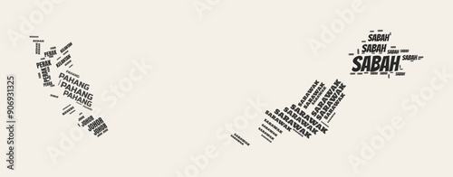 Malaysia Word Cloud. Country with regional divisions. Malaysia typographic text clouds vector image design in a vintage gazette style. Beautiful vector illustration.