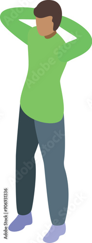 Young man stretching arms behind neck isometric icon