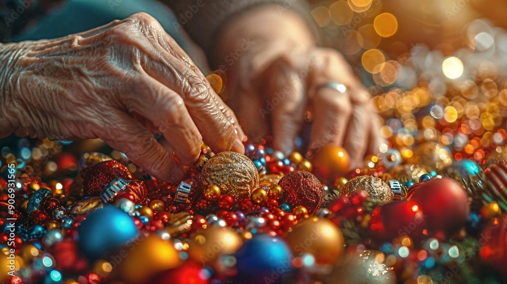an older woman is decorating christmas ornaments an older woman is decorating christmas ornaments