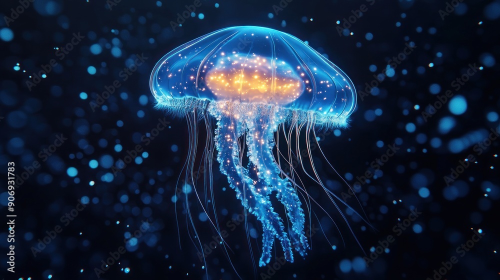 Glowing deep-sea jellyfish drifting in the dark ocean depths. Glowing deep-sea jellyfish drifting in the dark ocean depths.