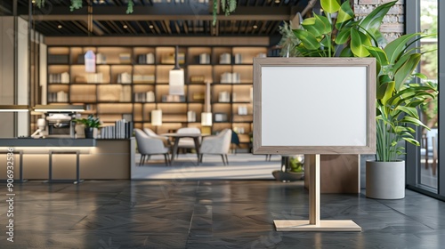 A blank sign on an elegant wooden stand in a modern library