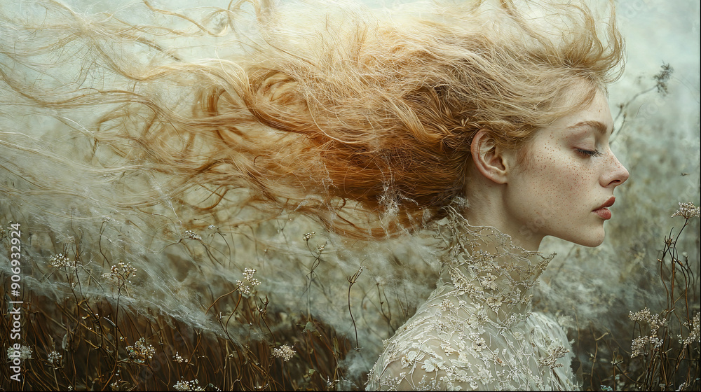 Fototapeta premium Surreal Editorial Portrait of a Woman with Flowing Hair in a Dreamy Landscape