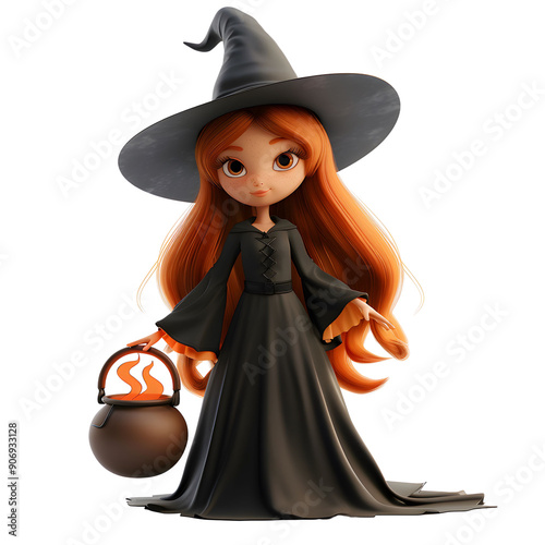 Adorable animated witch with long red hair and a magical cauldron, perfect for Halloween or fantasy-themed projects. photo