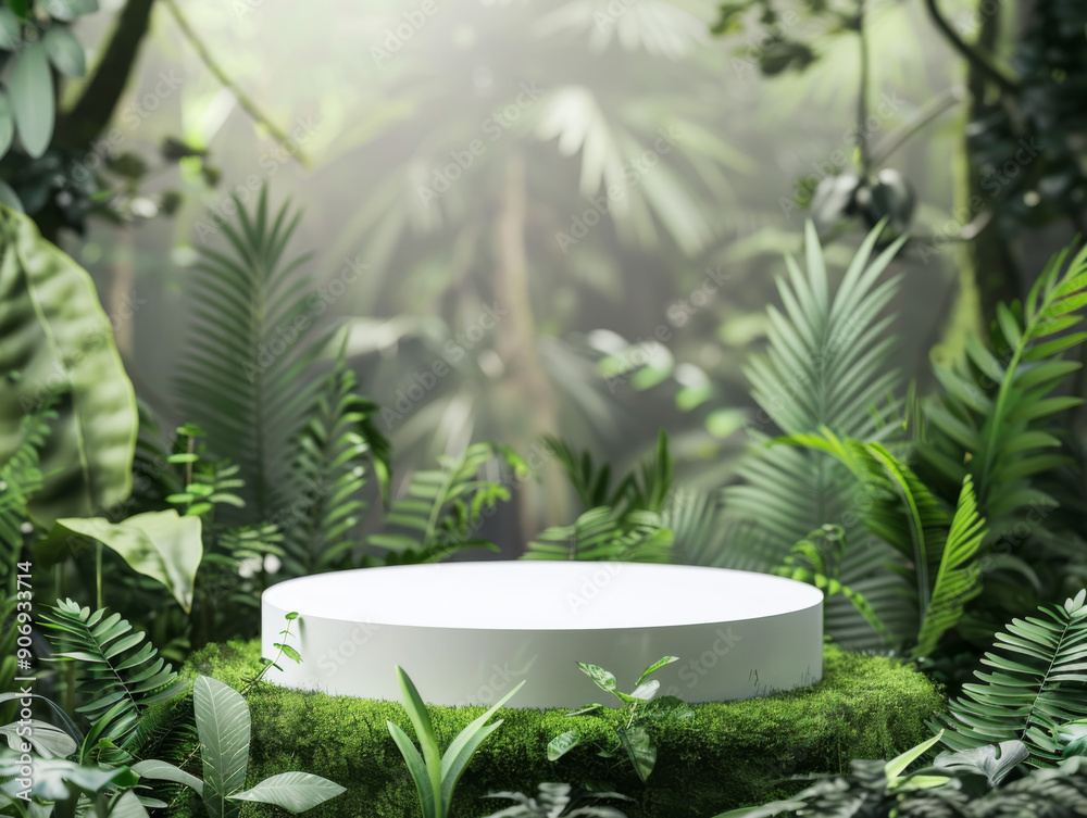 White Circular Platform Amidst Lush Green Foliage White Circular Platform Amidst Lush Green Foliage