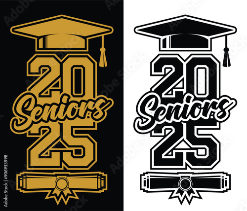 Lettering Seniors 2025 for greeting, invitation card. Text for graduation design, congratulation event, T-shirt, party, high school or college graduate. Illustration, vector on transparent and black b