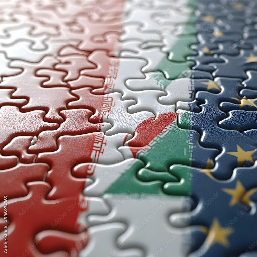 puzzle with the colourful national flag of qatar and flag of iran ...