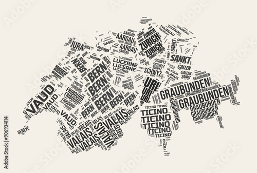 Switzerland Word Cloud. Country with regions division. Switzerland typographic text clouds vector image design. Vintage gazette style country shape image. Trending vector illustration.