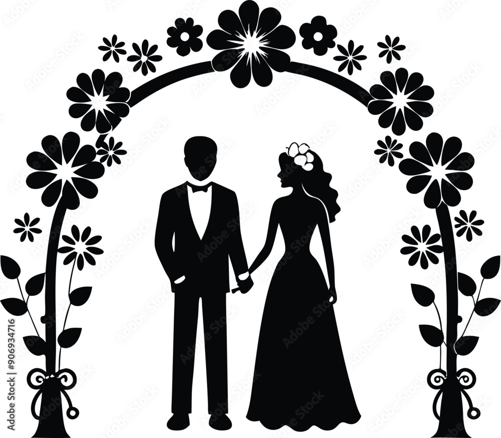 Wedding couple stand in flower arch silhouette illustration Wedding couple stand in flower arch silhouette illustration