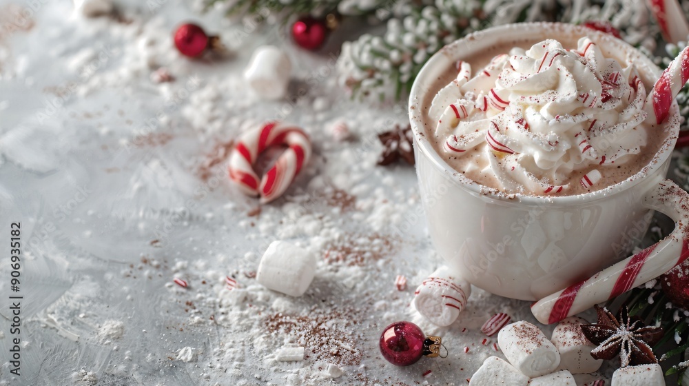 a cup of hot chocolate with marshmallows and candy canes a cup of hot chocolate with marshmallows and candy canes
