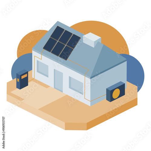 Eco house powered by renewable solar energy, connected with heat pump for heating and electric car charger.