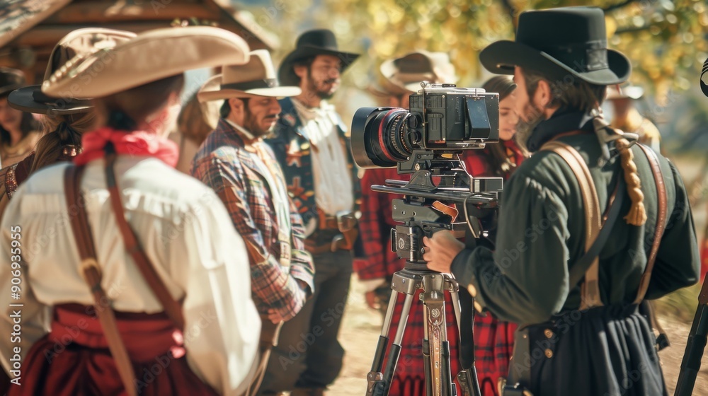 A film crew captures the essence of the Wild West with actors in period costumes gathered around a camera in an outdoor setting.