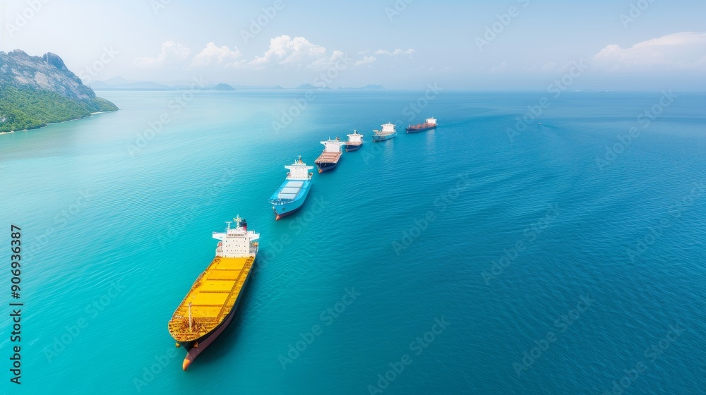 Fototapeta premium A row of large ships are sailing in the ocean