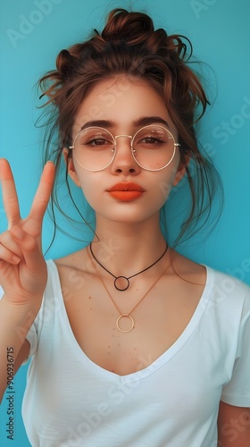 Stylish Woman Sunglasses Peace Sign Playful Expression Bold Colors. AI Generated