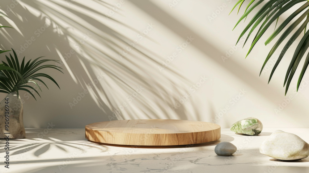 Obraz premium Wooden Platform with Palm Leaf Shadows and Stones