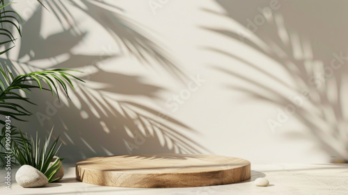 Wooden Platform with Palm Leaf Shadows and Stones