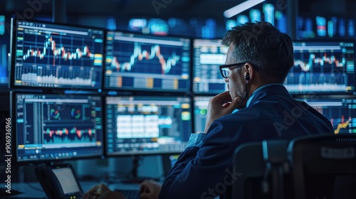 Stock market analyst reviewing multiple monitors displaying complex financial data and trends in a modern trading room.