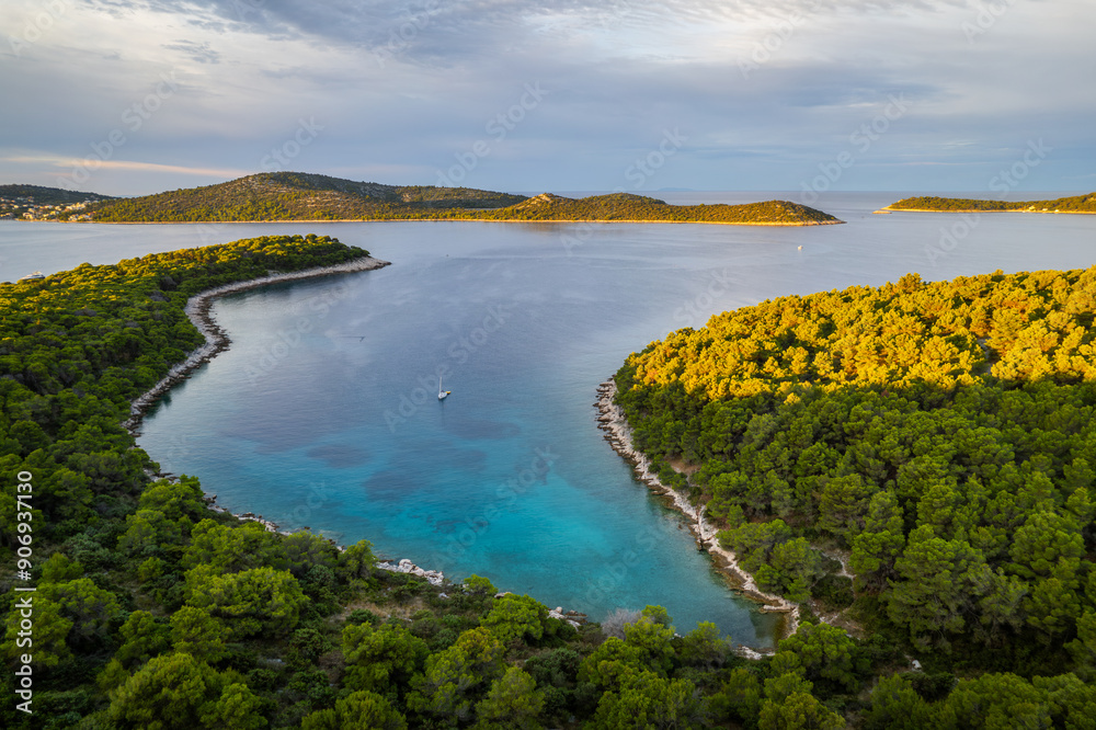 Obraz premium Drone view of the beautiful bay in Rogoznica in the archipelago of Croatian islands.