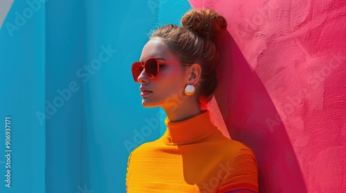 Stylish woman in bright orange outfit and red sunglasses posing against a vibrant colorful wall backdrop. Modern and trendy fashion aesthetics.