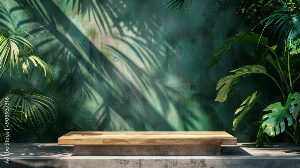 Wooden Platform with Tropical Leaves and Green Wall Background Wooden Platform with Tropical Leaves and Green Wall Background
