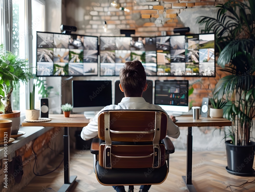 Focused Business Leader Multitasking in a High Tech Modern Office Setting Focused Business Leader Multitasking in a High Tech Modern Office Setting
