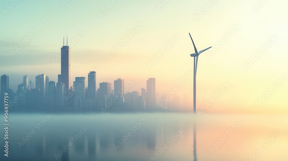 Double exposure of a wind turbine and a city skyline at dusk, renewable energy Double exposure of a wind turbine and a city skyline at dusk, renewable energy