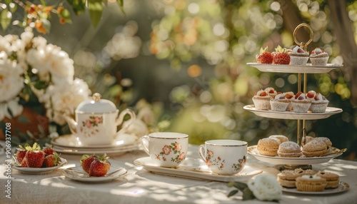 a table topped with plates of food and cups