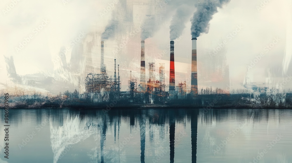 Double exposure of smokestacks and a clean river, contrasting energies Double exposure of smokestacks and a clean river, contrasting energies