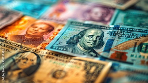 Various international currency bills close up showcasing global economy and financial diversity.