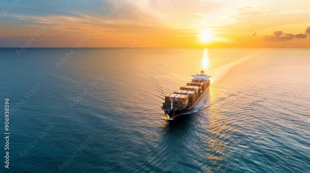 A large cargo ship is sailing through the ocean at sunset A large cargo ship is sailing through the ocean at sunset