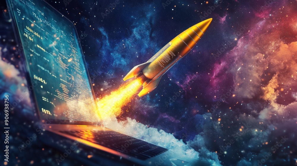 rocket launch from laptop screen, symbolizes innovation and creativity in technology. rocket launch from laptop screen, symbolizes innovation and creativity in technology.
