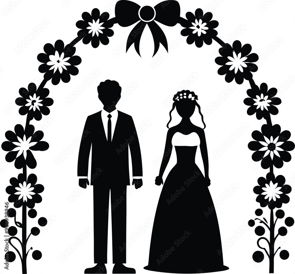 Wedding couple stand in flower arch silhouette illustration Wedding couple stand in flower arch silhouette illustration