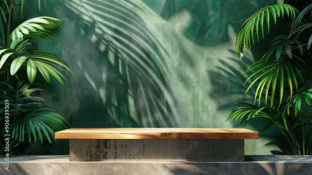 Wooden Platform with Tropical Plants and Sunlight on Green Wall Wooden Platform with Tropical Plants and Sunlight on Green Wall