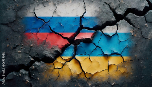 Flags of russia and ukraine on cracked surface. The juxtaposed flags of Russia and Ukraine appear on a worn and cracked surface, symbolizing geopolitical tensions