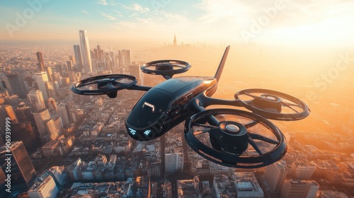 Electric air taxi eVTOL soars high above the cityscape, illustrating the future concept of urban air mobility and innovative transportation solutions