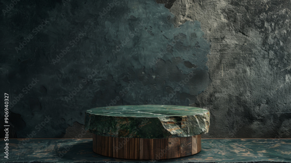 Fototapeta premium Rough Stone and Wood Podium on a Dark Green Background