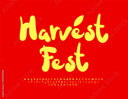 Vector autumn badge Harvest Fest. Funny Yellow Font. Decorative Alphabet Letters and Numbers set