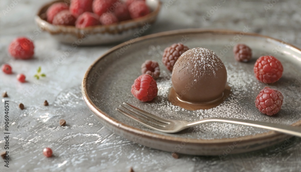 a chocolate dessert with raspberries on a plate