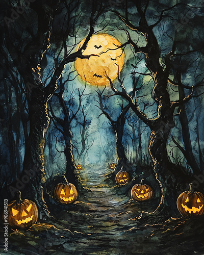 Eerie Halloween scene with glowing pumpkins, a full moon, and dark twisted trees creating a spooky atmosphere.