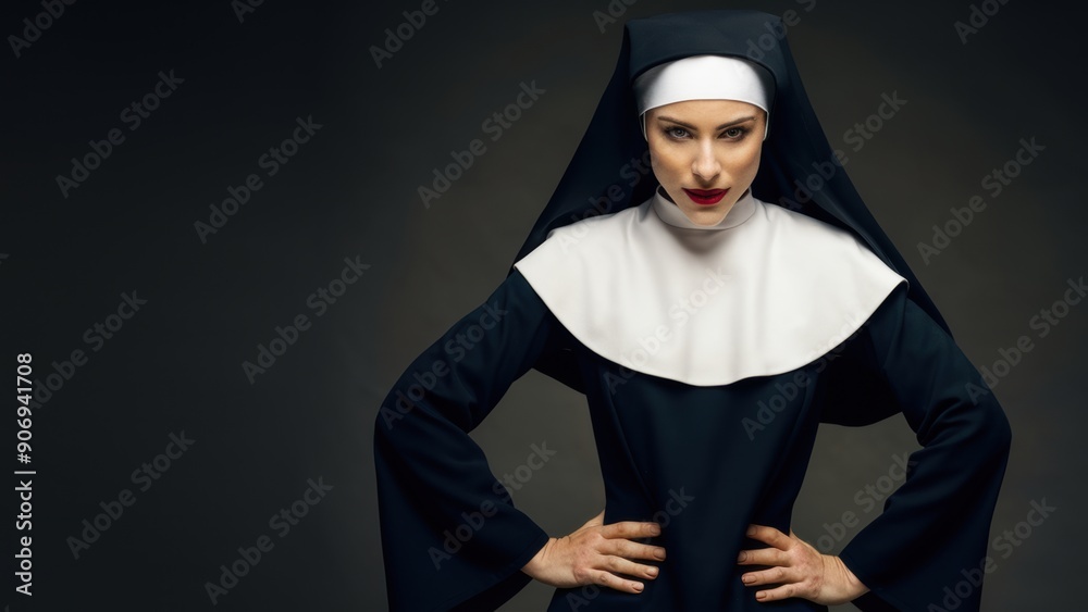 A woman dressed as a nun with her hands on hips, AI A woman dressed as a nun with her hands on hips, AI
