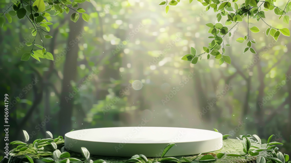 White Circular Platform Surrounded by Green Foliage in a Forest Setting White Circular Platform Surrounded by Green Foliage in a Forest Setting