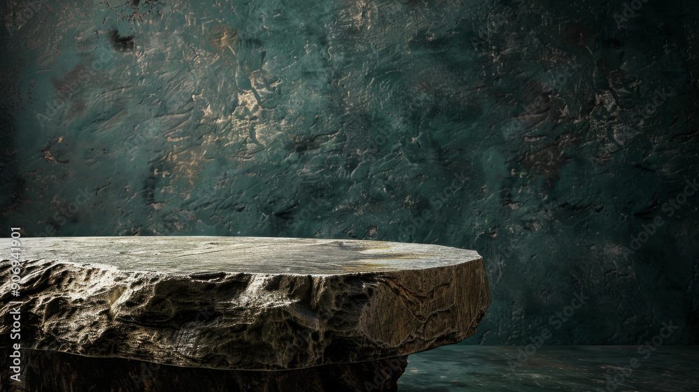 Rough Wooden Platform Against a Textured Green Wall Rough Wooden Platform Against a Textured Green Wall