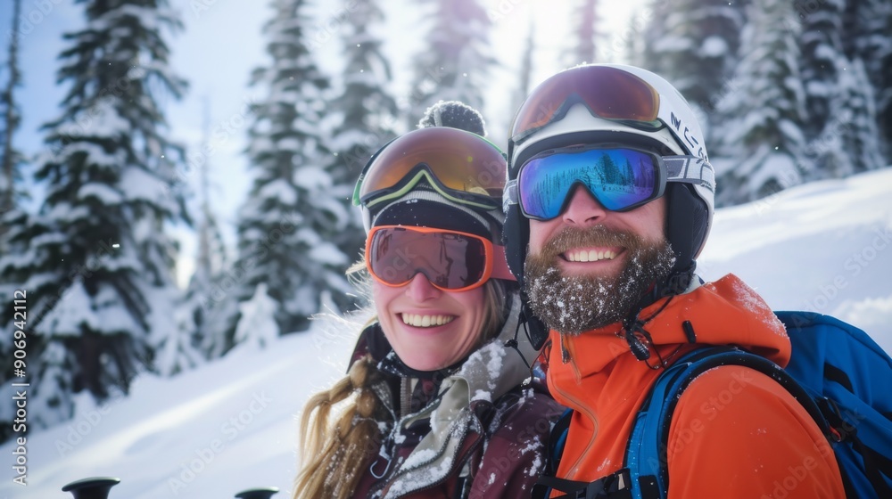 Couple skiing together on a snowy mountain Couple skiing together on a snowy mountain