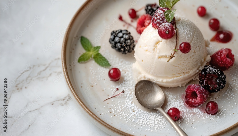 a white plate topped with a scoop of ice cream and berries a white plate topped with a scoop of ice cream and berries
