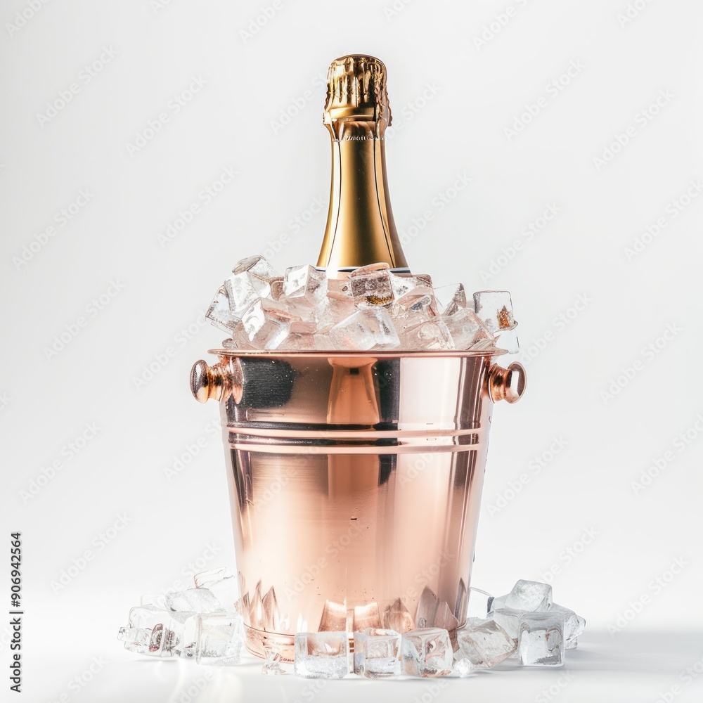 Medium shot of a Champagne bottle in the bucket full with ice, isolated on a white background,